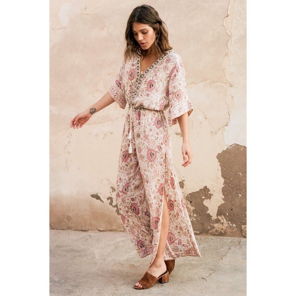 Spell Zahara Floral Pantsuit Jumpsuit Pink Cream Metallic Boho Festival S